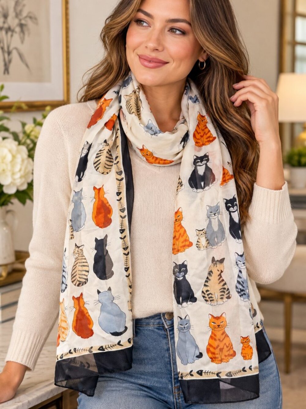 Vintage Cat Print Scarf Cream Multi Color Fish Bone Rectangle Lightweight